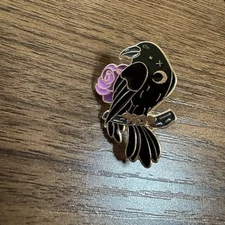 Enamel Pin Crow Black Bird Brooch Lapel Backpack Crescent Purple Lilac Flower