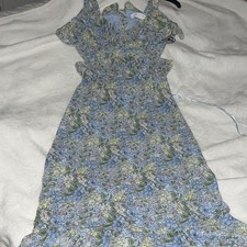 ASTR the Label Blue Floral Chiffon Ruffle Maxi Dress V-Neck Zip XS
