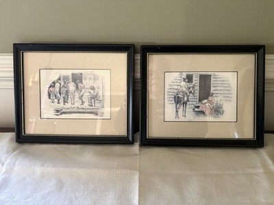 Set of 2 Vintage Framed Ink & Watercolor Drawings Americana Porch Scenes 15x12