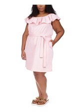 MICHAEL MICHAEL KORS Womens Coral Tie Waist Unlined Short Sleeve Dress Plus 1X