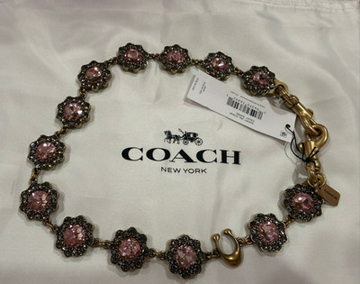 Coach Gold Tone Pink Crystal Floral Cluster Link Statement Necklace
