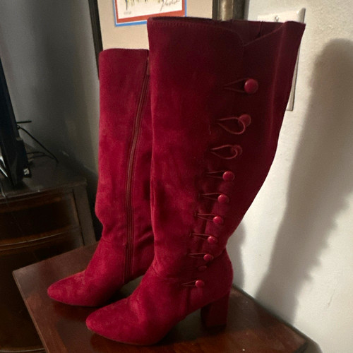 Women’s Red Suede Knee High Boots Pointed Toe Side Zip Button Accent Sz 8