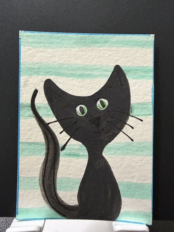 ACEO Art Card, black cat, cartoon cat, OOAK, original, watercolor painting 