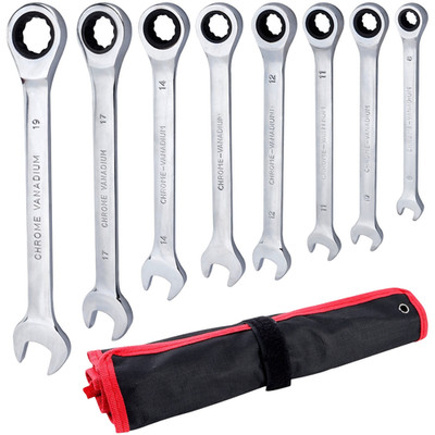 8PCS Fixed Head Ratchet Wrench Set Dual Direction 72 Tooth Metric Sizes