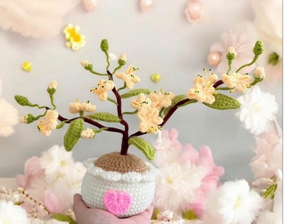 Flowers Apricot Tree Blossom Pot. Unique Crochet Flowers For Home Decor