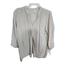 Kim Rogers Button Front Top Women 1X Beige Linen Cotton Blend Pintuck