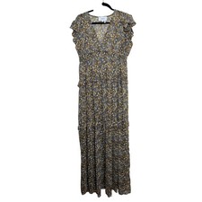 NEW BA&SH Samanta Maxi Dress Womens Large Black Floral Ruffled Georgette Carbone