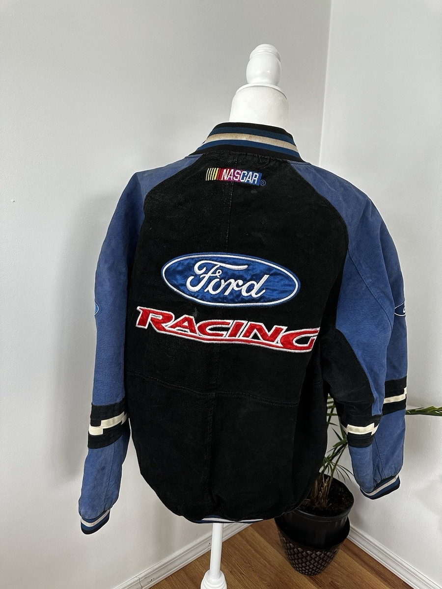 Vintage 90s Ford Racing NASCAR Jacket Mens L Essex Suede Leather