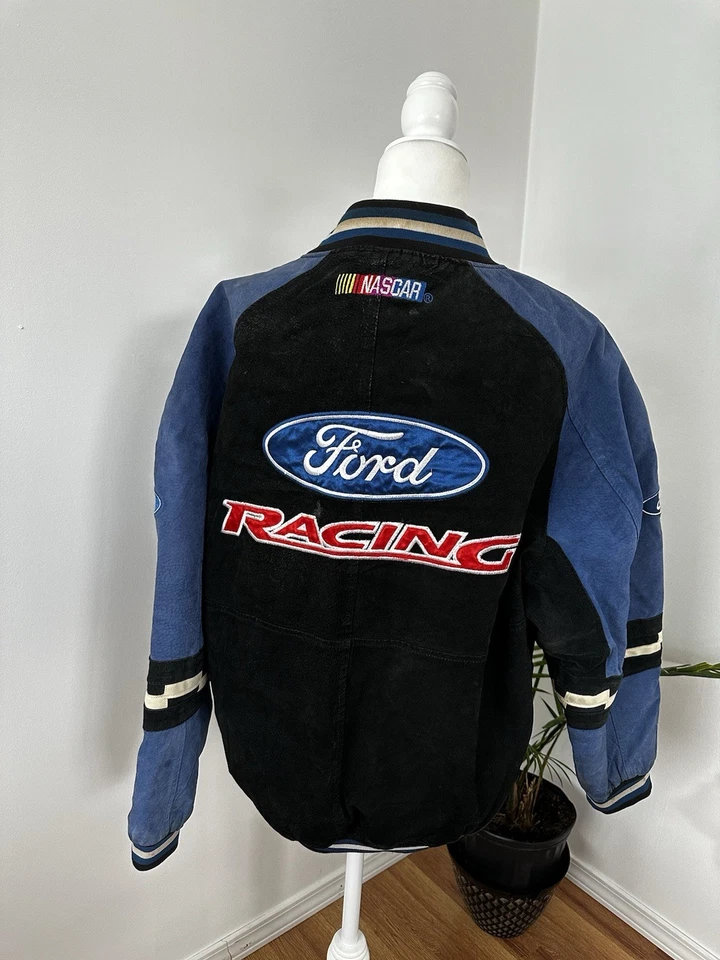 Jaqueta masculina vintage anos 90 Ford Racing NASCAR L Essex couro camurça acolchoado forrado - Imagem 2 de 4