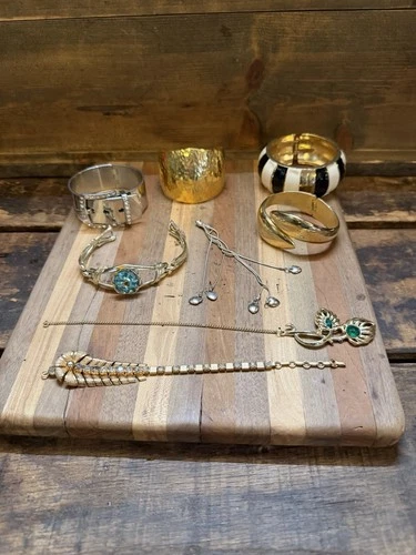 Vintage Costume Jewelry Lot Bracelets Necklace Gold Tone Rhinestone Cuffs