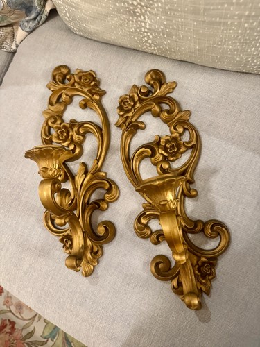 Vintage 1971 Homco Gold Wall Sconces 4118 Hollywood Regency Floral Set of 2