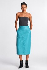 Vintage 80's Turquoise Blue Leather Straight Midi Skirt NWT 27" waist