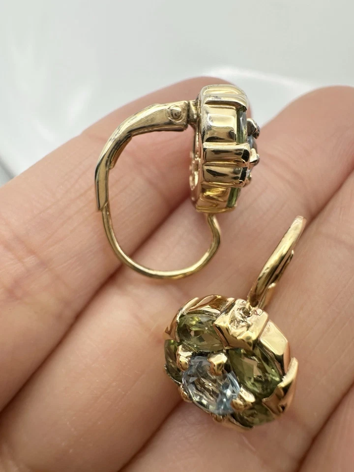 Sterling Silver 14k Gold Vermeil Natural Peridot Blue Topaz Lever Back Earrings  - Image 4 of 4
