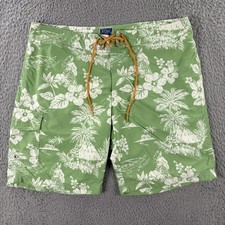 J Crew Swim Trunks Mens 33 Green White Floral Hawaiian Board Shorts Beach Nylon