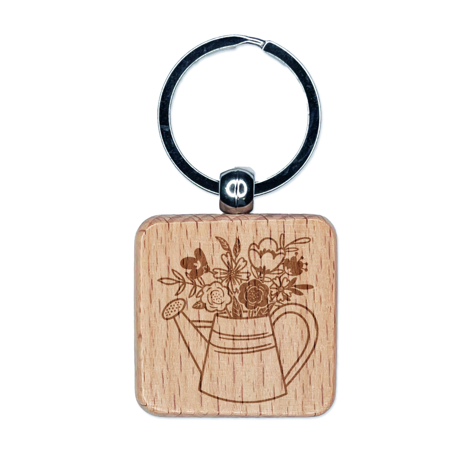 Engraved Wood Keychain with Watering Can and Floral Bouquet Design