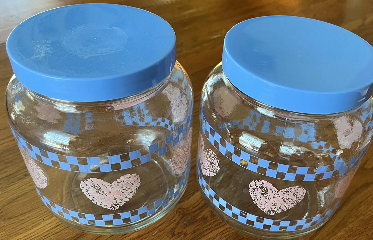 Vintage AGC Glass Canisters - Sponge Paint Hearts & Checkerboard Design Blue Lid