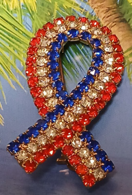 Vintage Sparkly Red White and Blue Rhinestone Patriotic USA Ribbon Brooch Pin