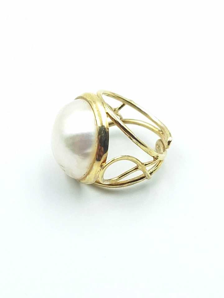 Anello Artigianale Da Donna In Argento 925 Perla 17 MM Australiana Oro Giallo - Immagine 4 di 4