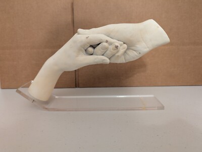 Vtg Austin Producation  1984 White Plaster Lucite Stand Art Sculpture Two Hands