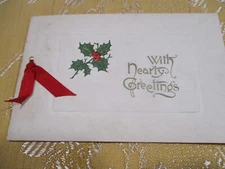 Victorian Vtg Ribbon Bound Christmas Card HEARTY GREETINGS Unused