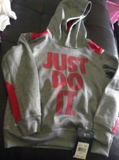 Image of NEW KIDS YOUTH NIKE JUST DO IT GRAY RED HOODIE SWEATSHIRT DRI-FIT EXTRA SMALL XS