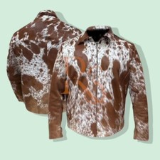 Men's Genuine Cowhide Leather Jacket Brown  White Hair-On Hide Zip Western Coat