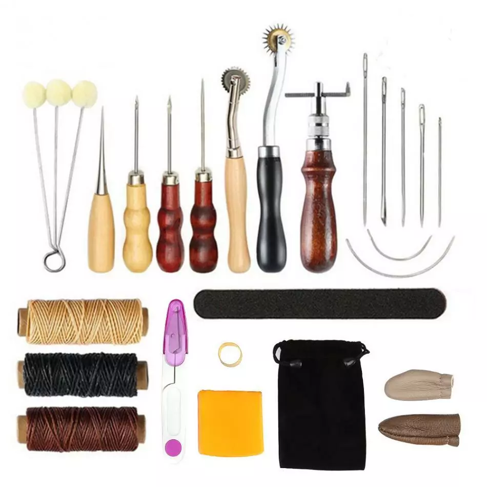 5 Pcs/set Leather Sewing Awl Leather Craft Sewing Awl Needle Thread Kit  Wooden Handle Hand Tool 