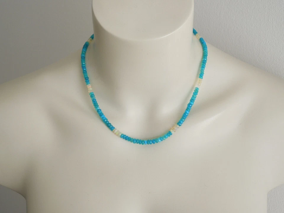 925 Argento Collana Collier Opale Blu & Bianco Rondella 10,5 G / Lungo 46-50,5 - Immagine 2 di 4