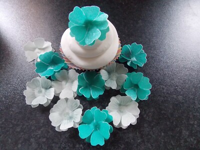 12 x 3D Essbar Türkis und Grau/Silber Blumen Oblate/Reispapier Kuchen/Cupcake Topper