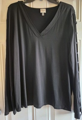 CUPIO Black Stretch Knit Top - XL - V-Neck, Long Ladder Sleeves, Straight Hem
