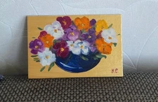 bouquet of pansies, original oil painting, pansies in vase, bright flowers art