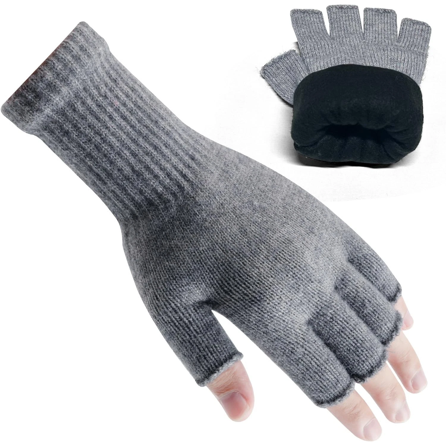 Warm Alpaca Wool Fingerless Gloves for Men & Women - Double-Layer, Windproof, Id