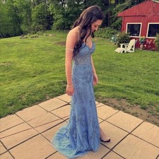 Sherri Hill Blue Embroidered Floral Long Gown V-Neck Sleeveless Women's Dress
