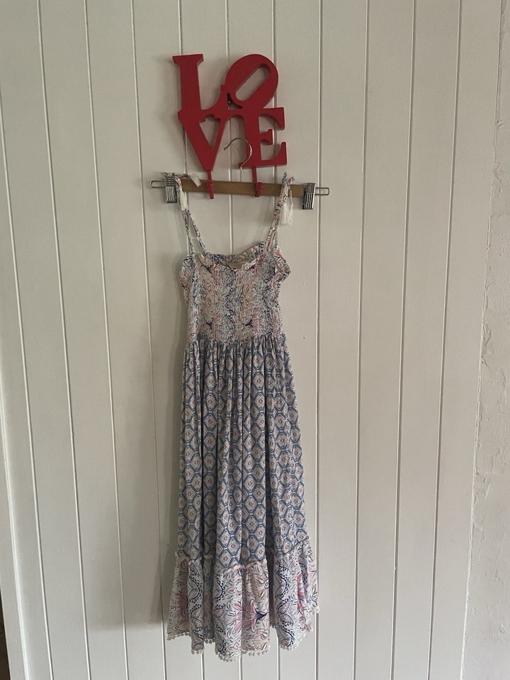 Patch Geometric Midi Sundress Blue Pink White Sweetheart Strappy Ruffle Hem