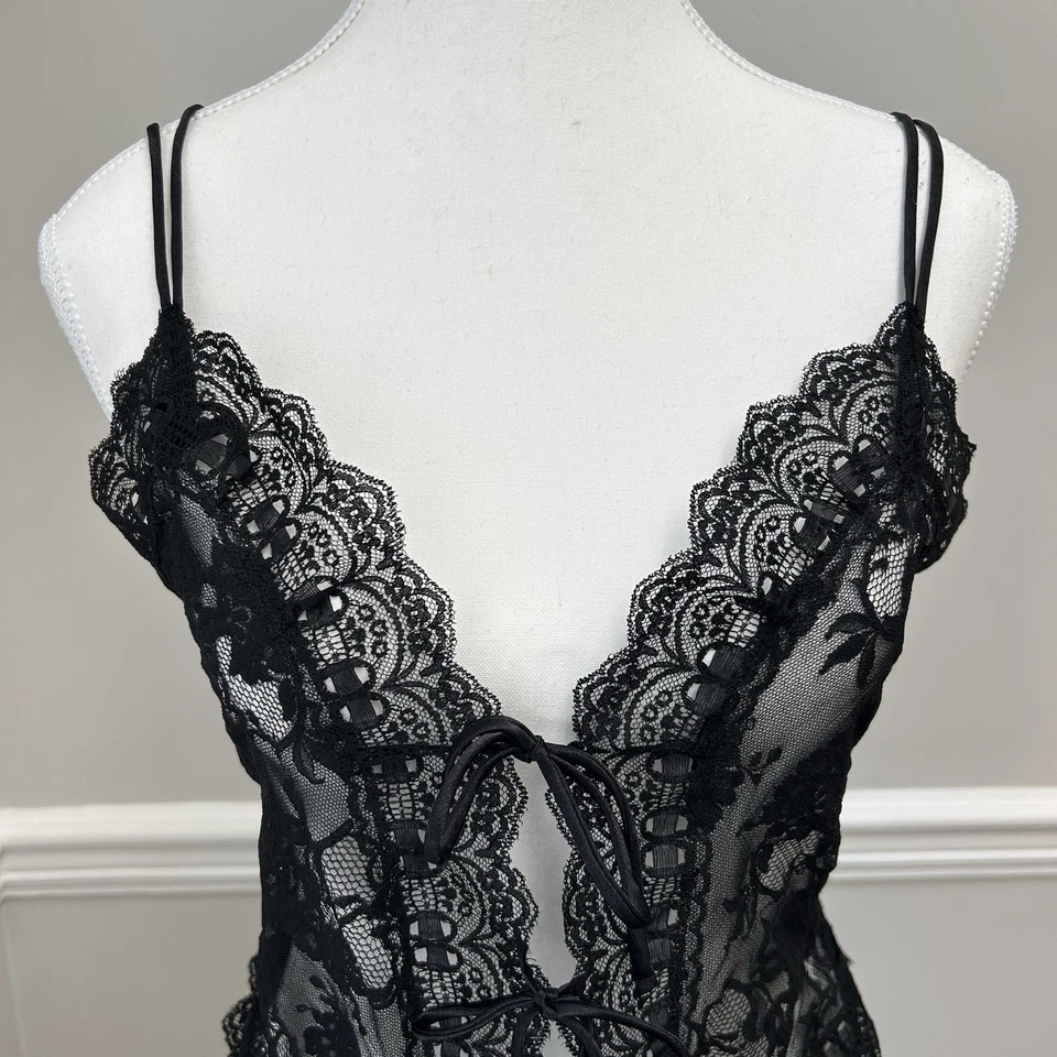 Vintage Victoria’s Secret Gold Label Size L Black Lace Teddy Tie Front High Cut - Image 2 of 4