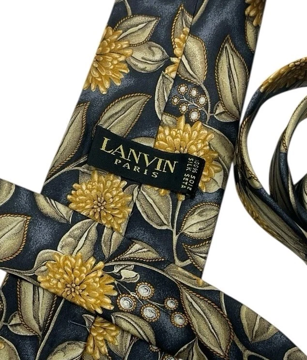 Corbata LANVIN Para Hombre 100% Seda LUJO Corbata Gris Dorado Beige Hoja Floral W:3.7" Usada en Excelente Condición Foto 2 de 3