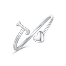 Initial Heart Rings for Women Girls - 14K Adjustable White Gold Letter-J