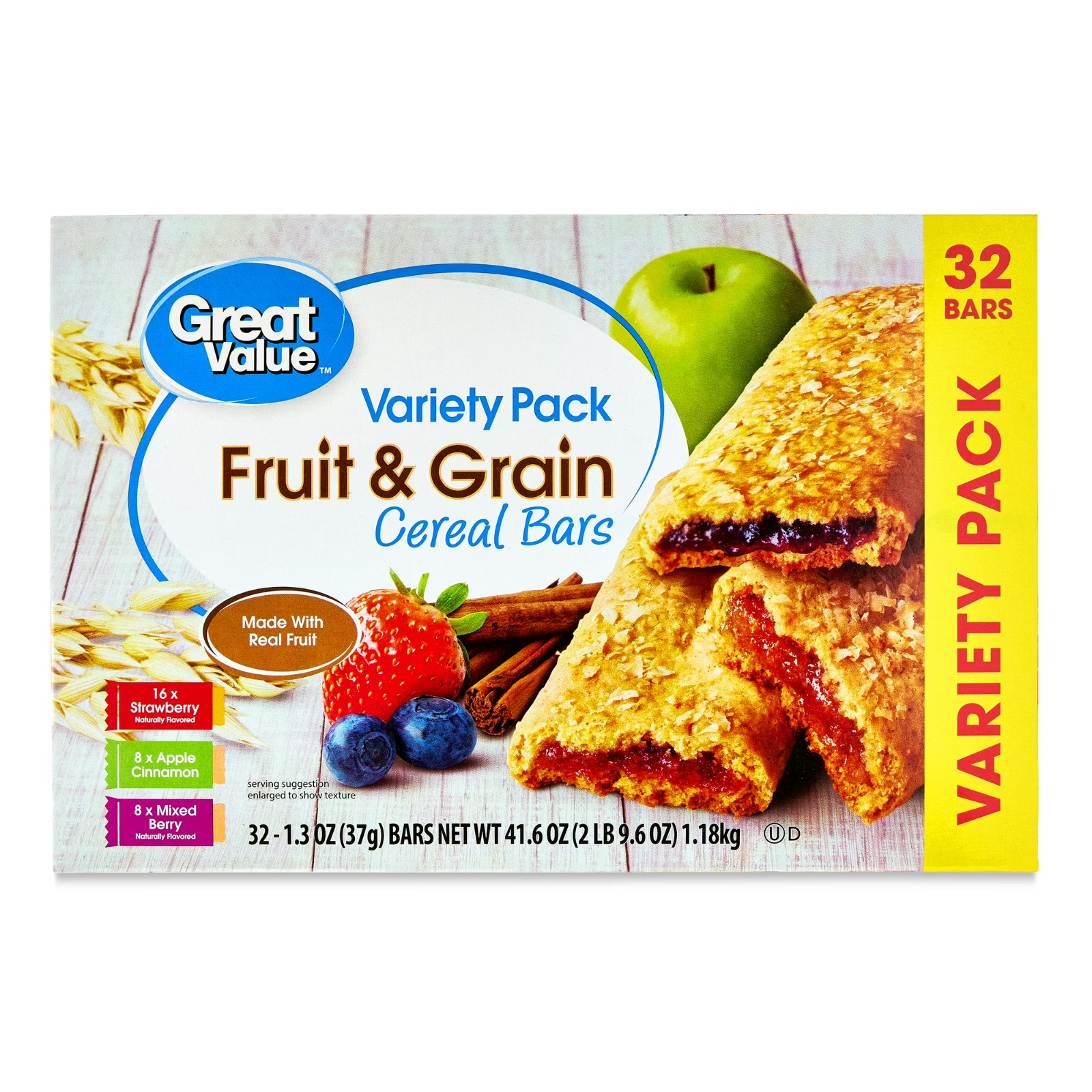 Great Value Fruit & Grain Cereal Bars, Variety Pack, 1.3 oz, 32 Count