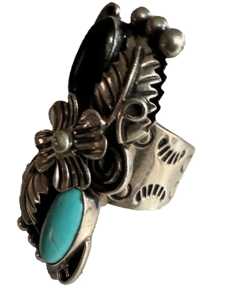 Anel de dedo Cii México prata esterlina ônix navajo pontos turquesa folhas tamanho 9,5 - Imagem 3 de 4
