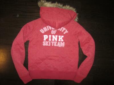 Victoria's Secret Pink Red Full Zip Varsity Letter Jacket Fur Hood