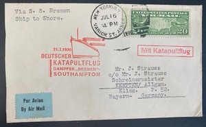 1930 USA Catapult Flight Airmail Cover D Bremen to Kempten Germany Ship To Shore