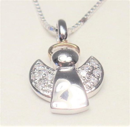 BEACH FASHION SILVER TONE RHODIUM GUARDIAN ANGEL WITH GOLD HALO PENDANT NECKLACE - Picture 4 of 7