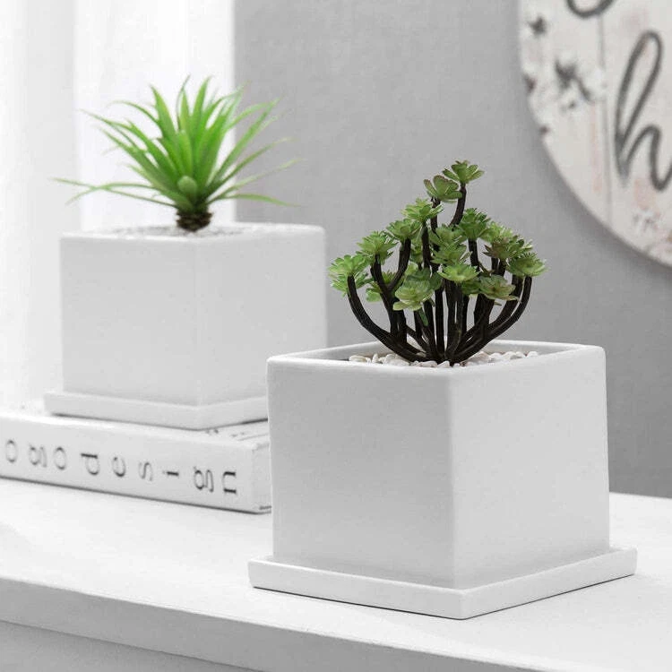 Square Planter Pots, Set of 2 - Small 5-Inch Cube Matte White Ceramic Flower - Image 2 of 4