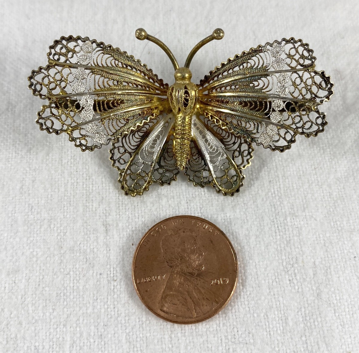 Broche Ancienne Papillon En Filigrane Argent 800 - Vintage - Occasion