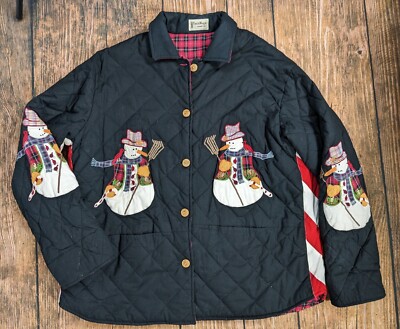 Vintage Women's Patch Magic Snowman Quilted Holiday Jacket Size Large