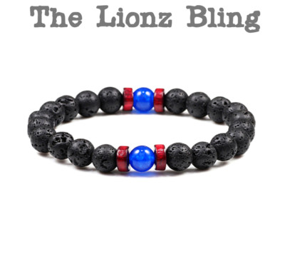 Chakra style Black Lava, Natural Blue Stone & Wood 8mm Bead Stretch Bracelet