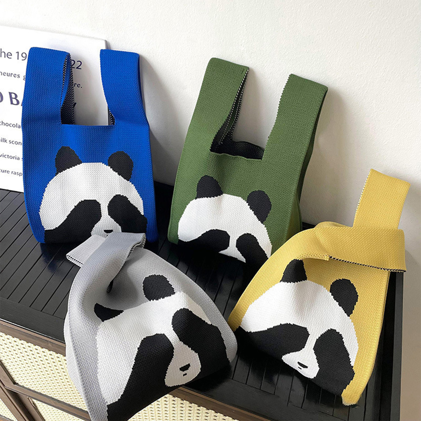 Women's Woven Tote Crossbody Bag with Panda Design