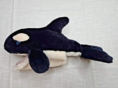VTG. UNBRANDED PLUSH  BLACK & WHITE WHALE PUPPET, MOVEABLE MOUTH, 15 IN