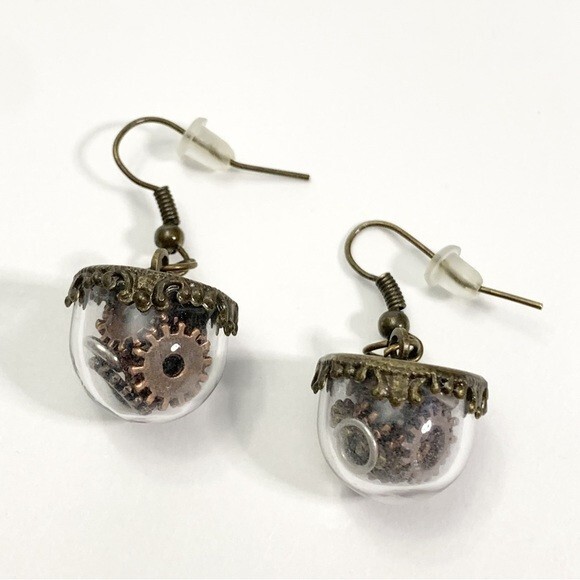 Steam punk dangle earrings gears in glass dome-image