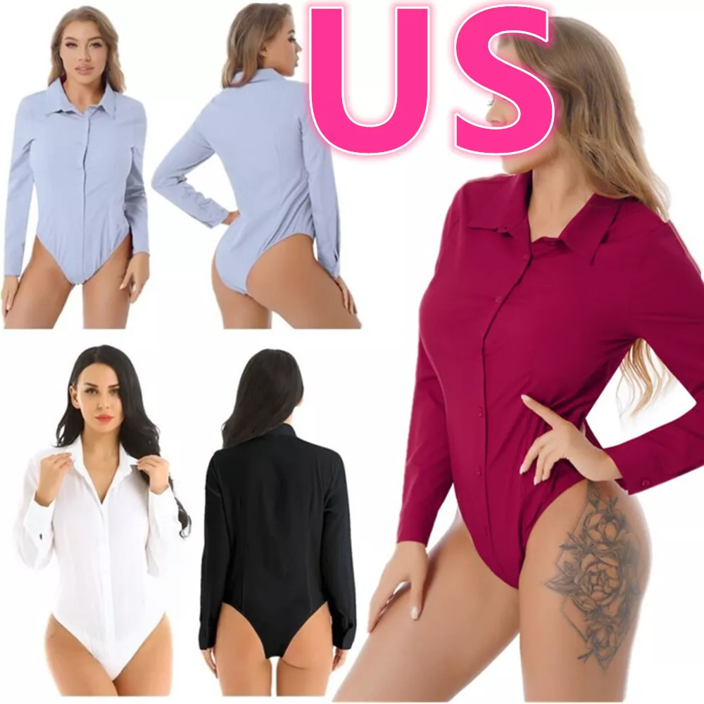 US Women's Button Down Bodysuit Work Shirt Jumpsuits Long Sleeve Blouse  Leotard